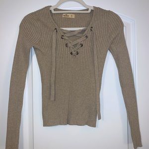 Tan Ribbed Lace up Top